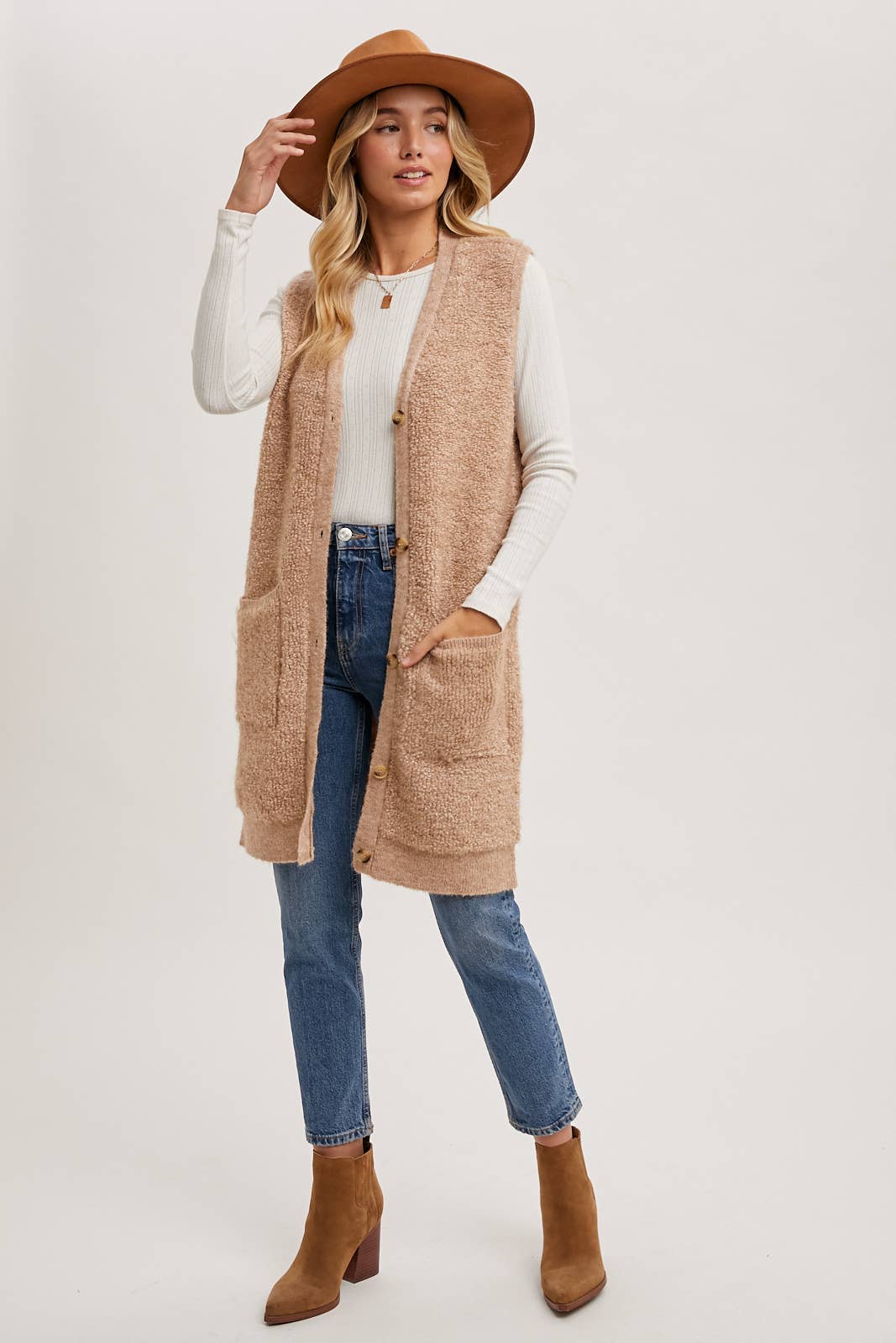 Button Down V-Neck Teddy Long Lined Vest