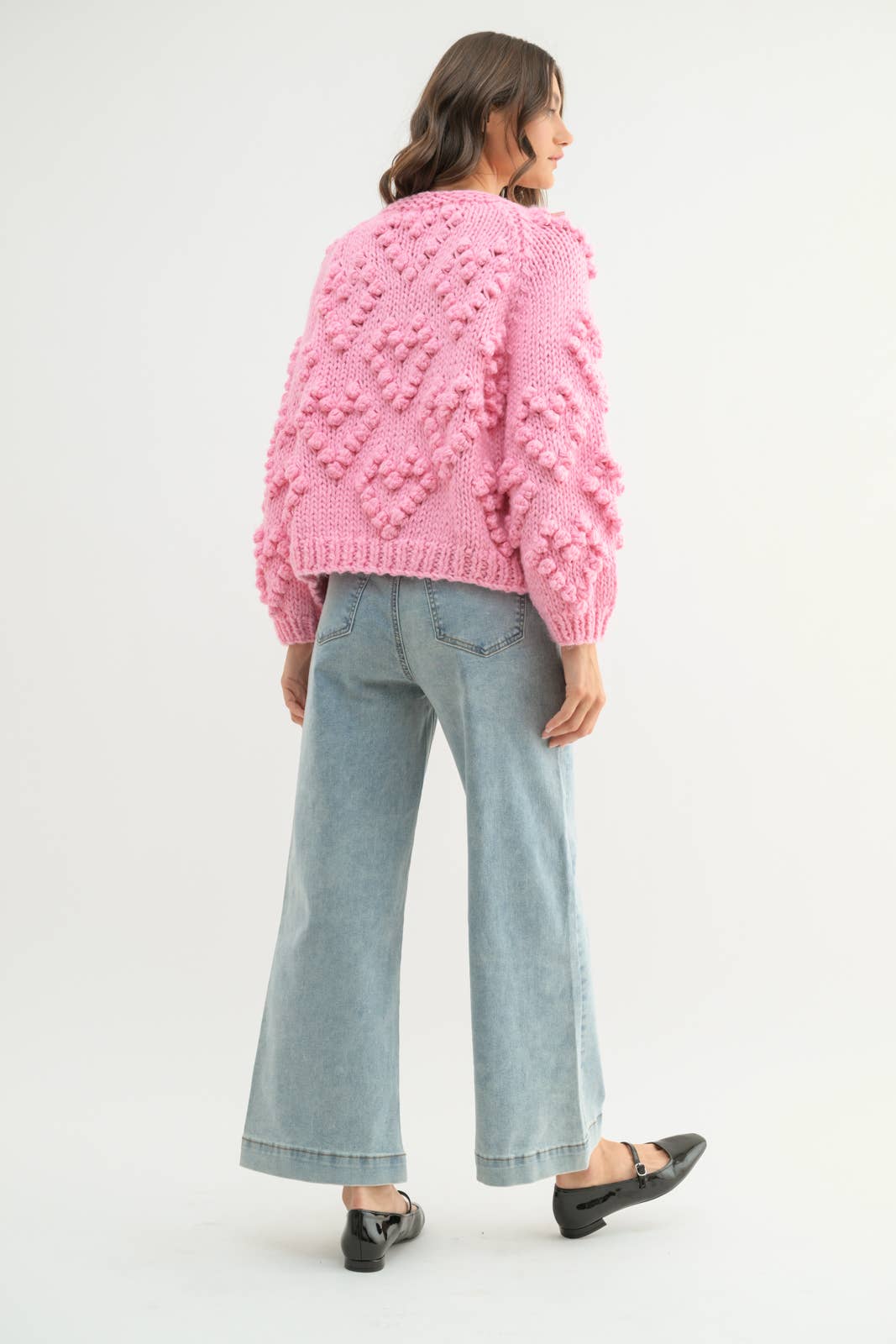 Pink Hand Knit Pom Pom Heart Cardigan