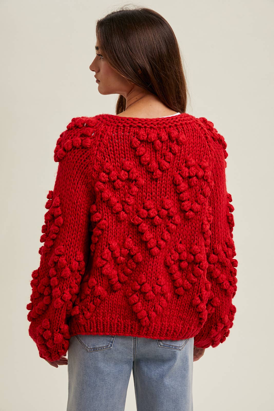 Red Hand Knit Pom Pom Heart Cardigan