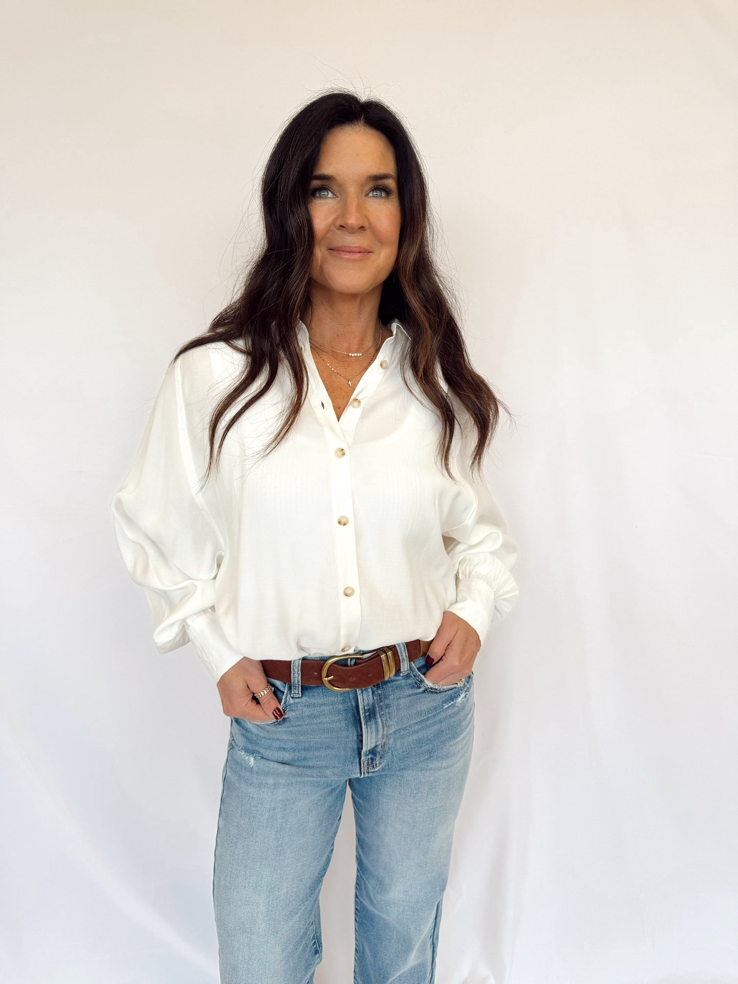 Solid Dolman-Sleeve Button-Up Shirt