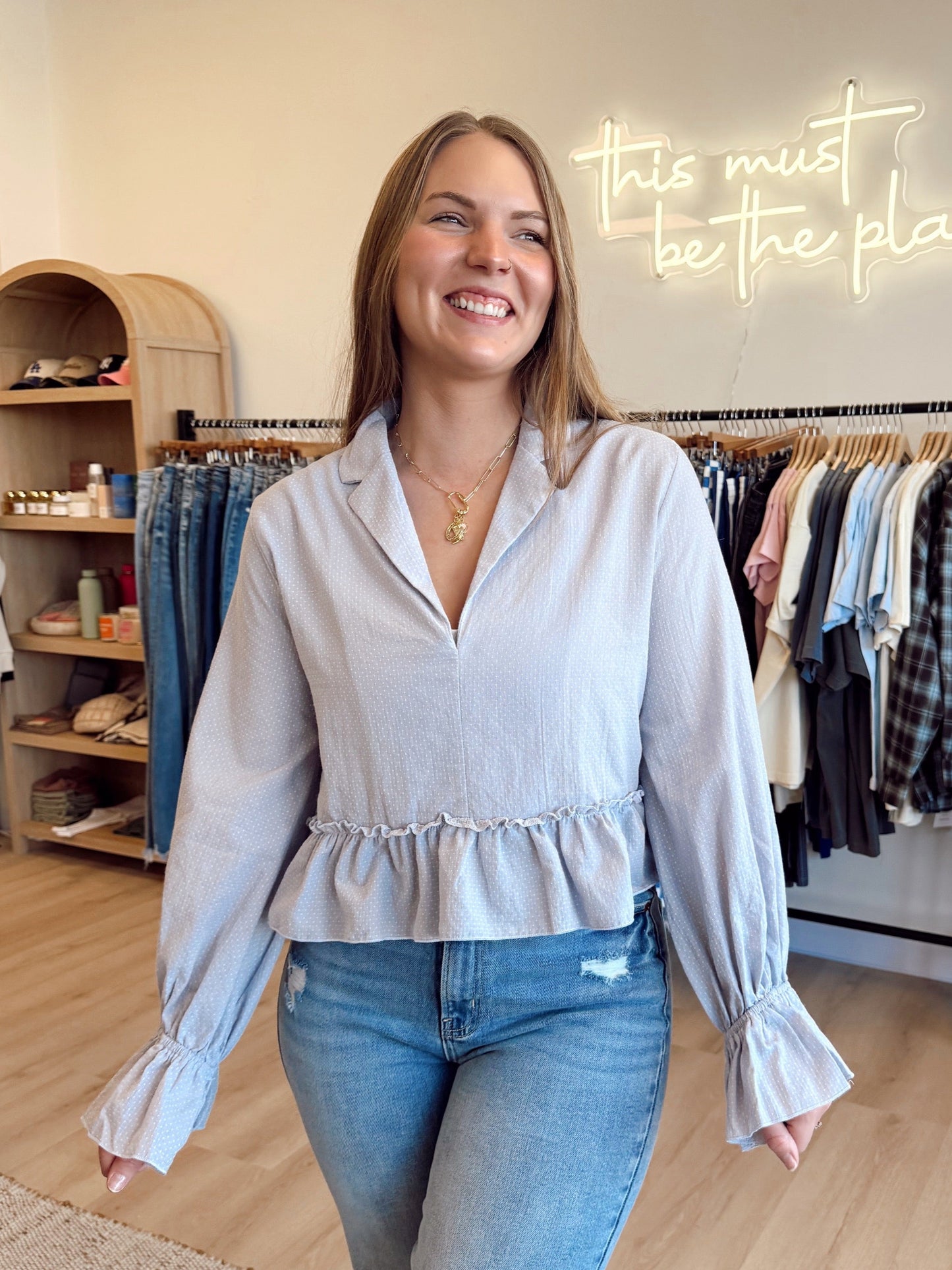 Blue Ruffle Crop Blouse
