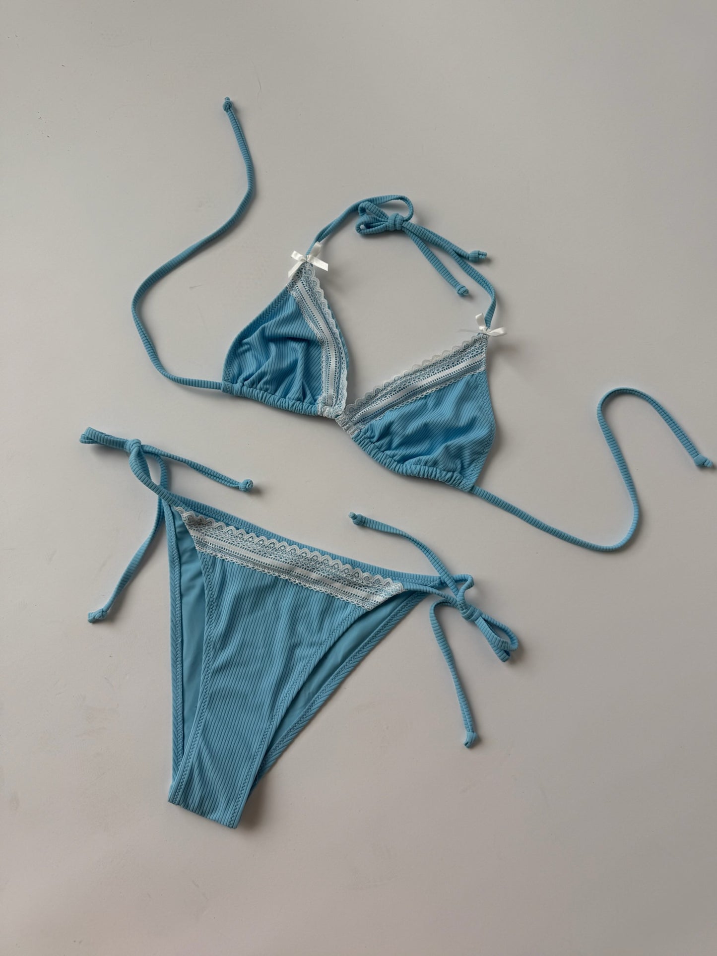 Blue Bikini With White Lace Trim