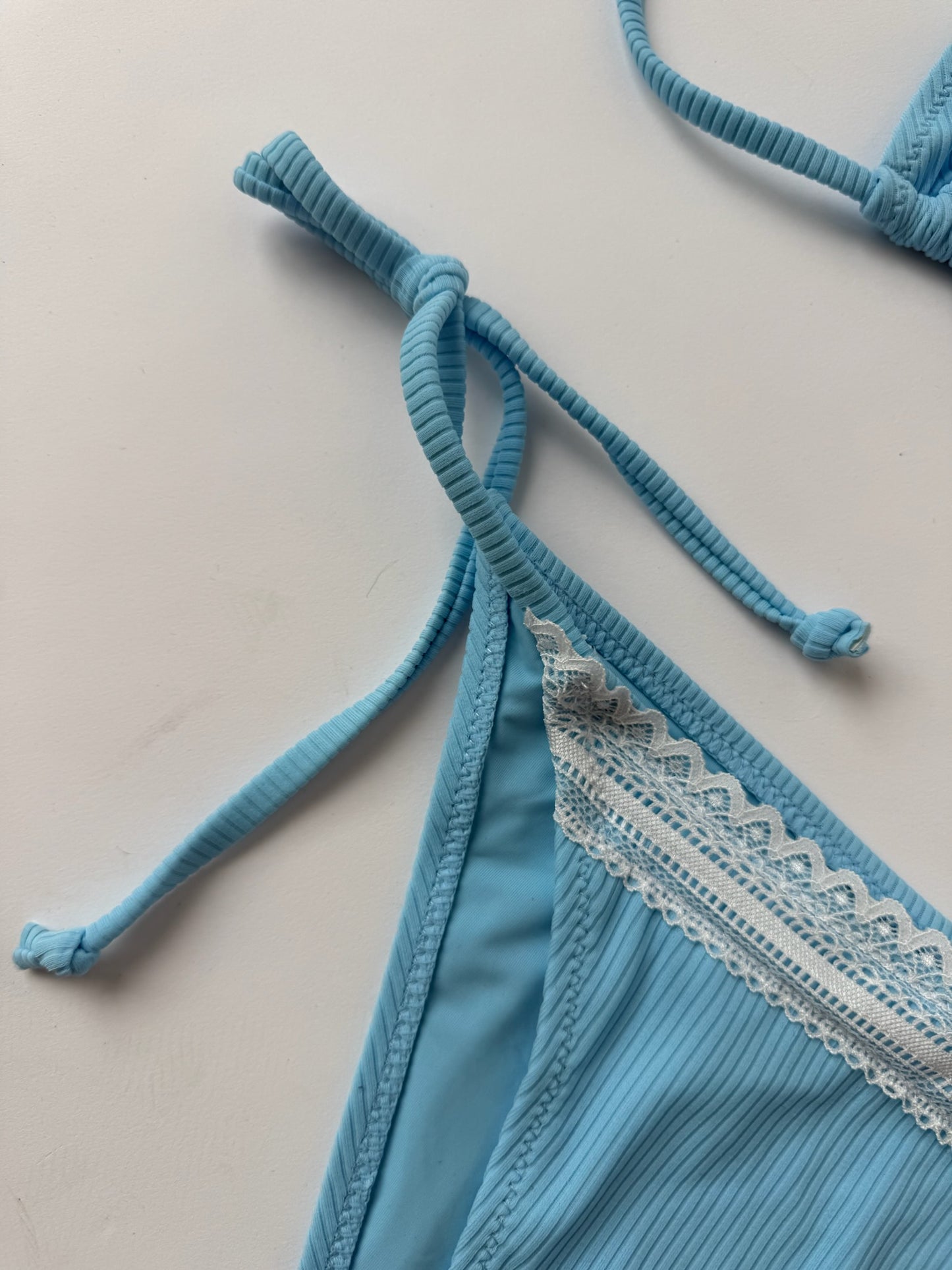 Blue Bikini With White Lace Trim