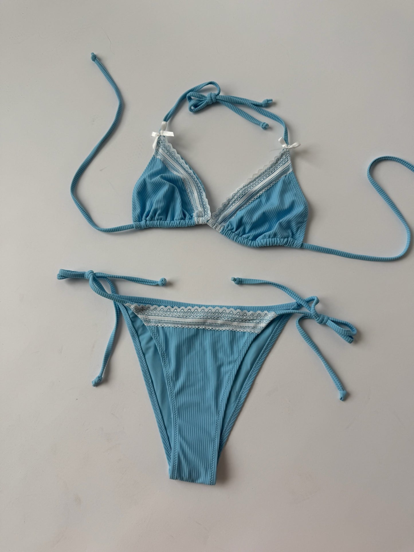 Blue Bikini With White Lace Trim