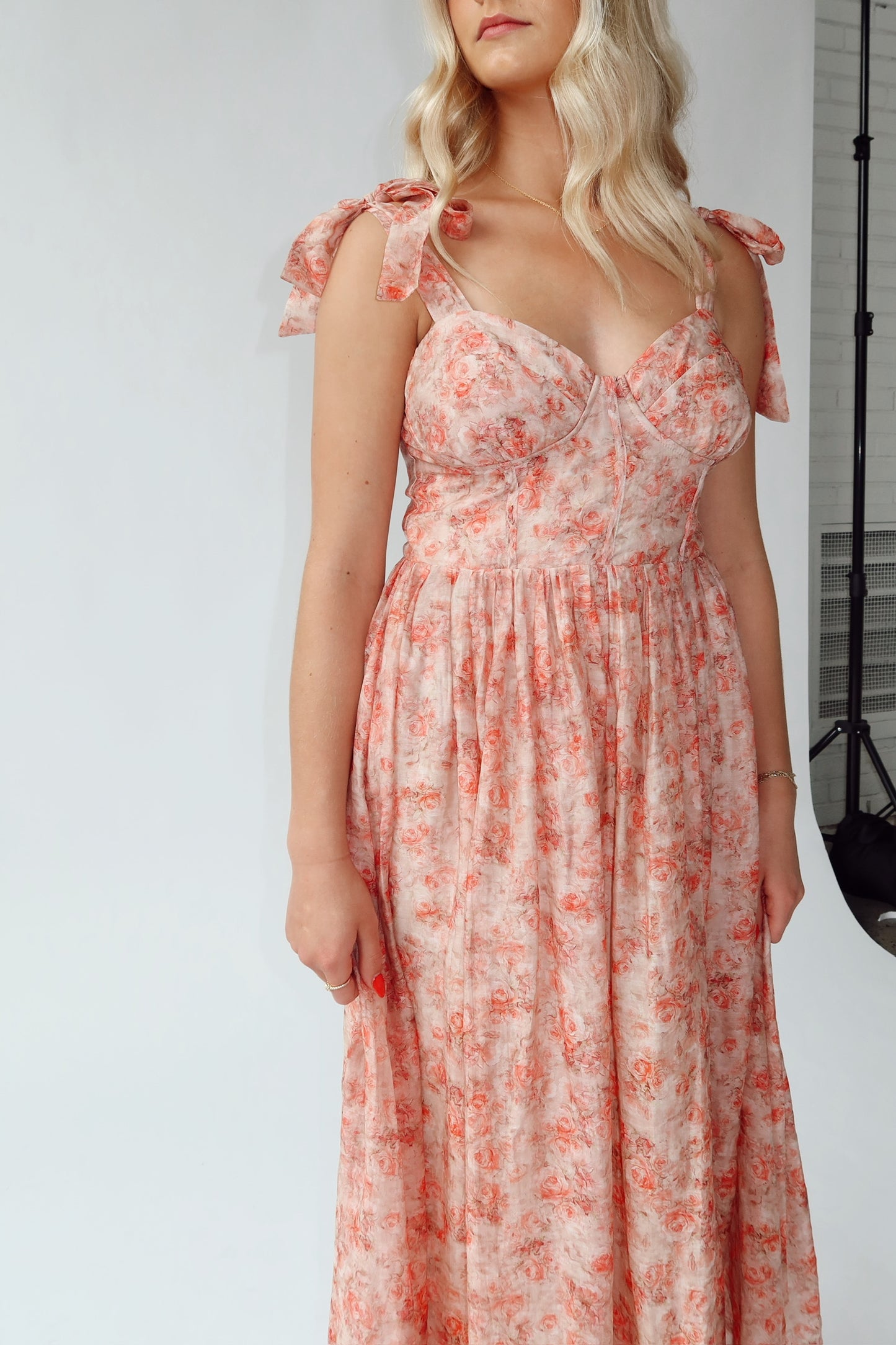 Coral Tie Shoulder Midi Dress