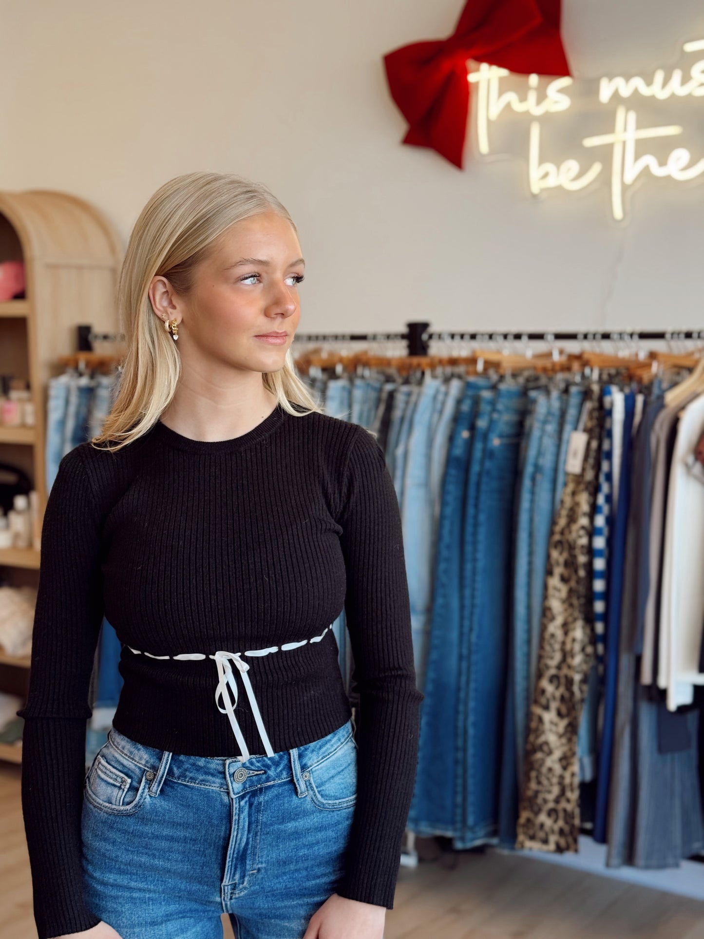 Black Ribbed Bow Sweater