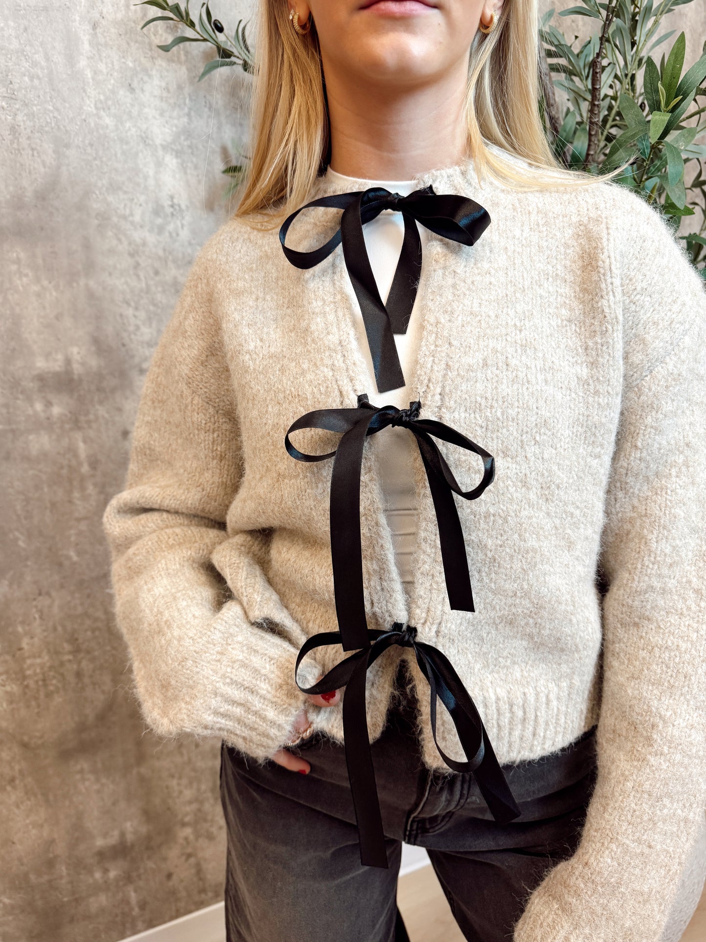 Satin Bow Tied Sand Cardigan