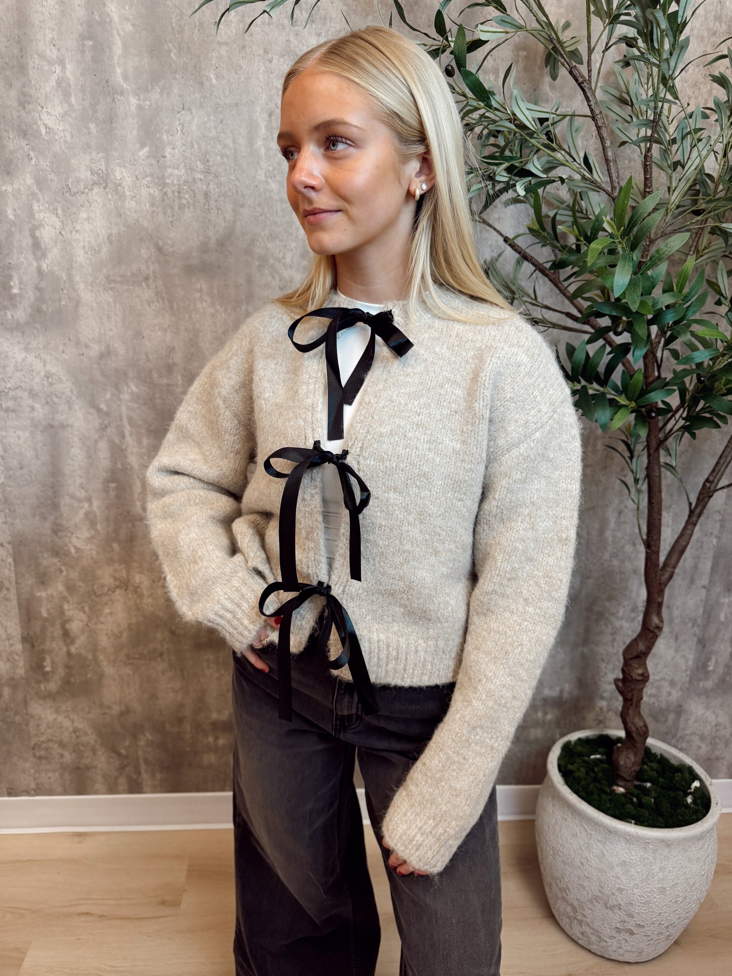 Satin Bow Tied Sand Cardigan