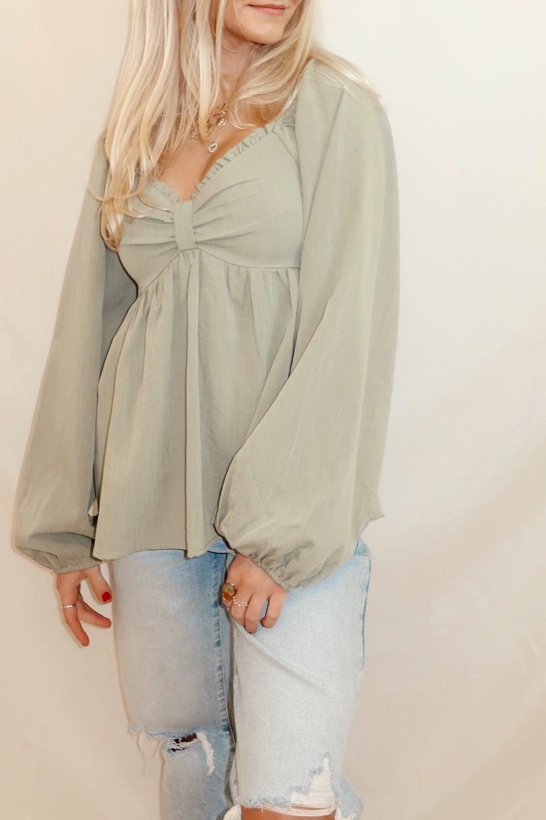 Olive Babydoll Top With Front Bow