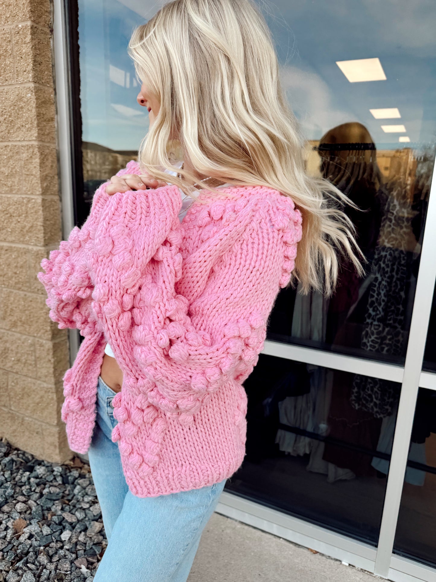 Pink Hand Knit Pom Pom Heart Cardigan