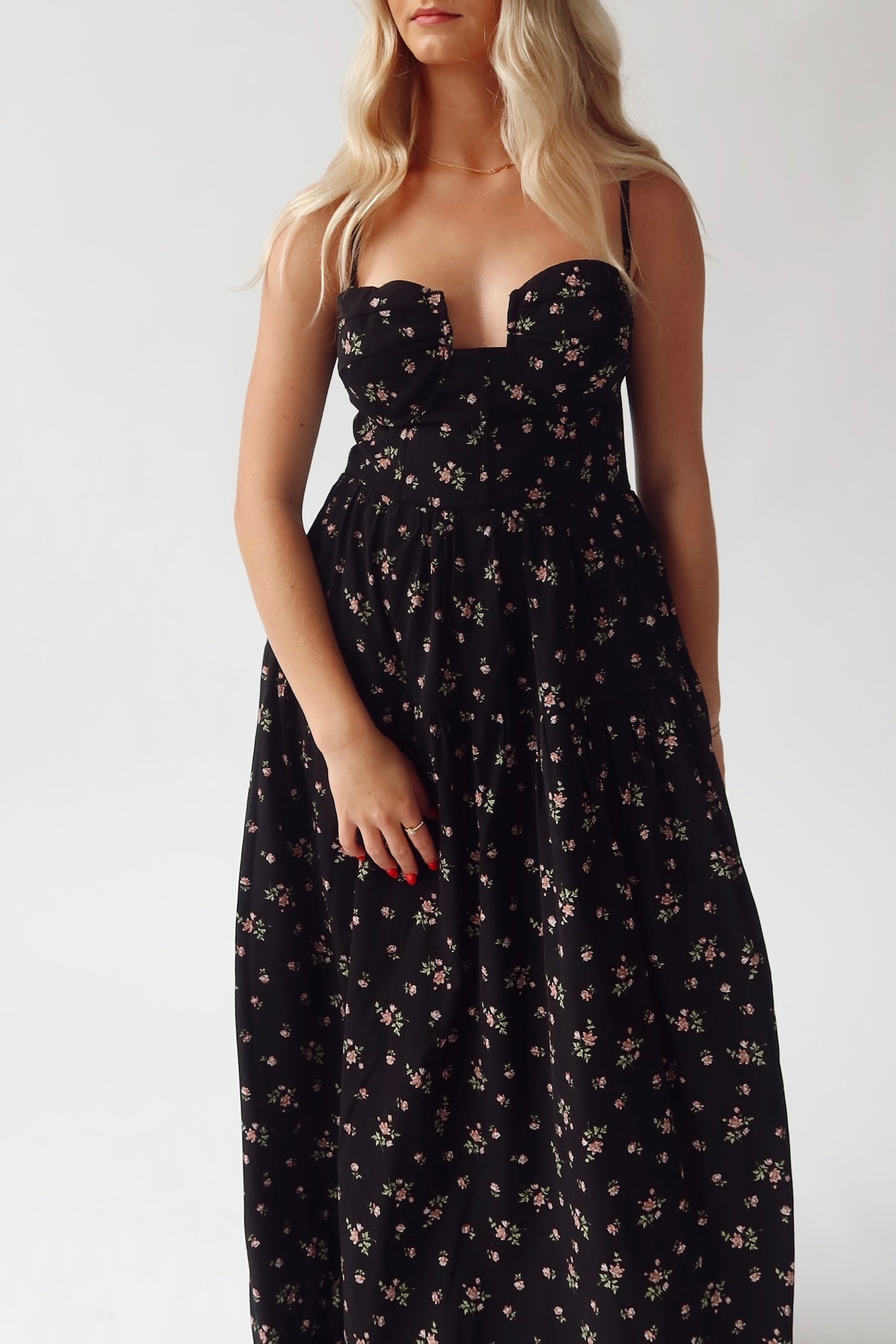 Black Floral Bustier Maxi Dress