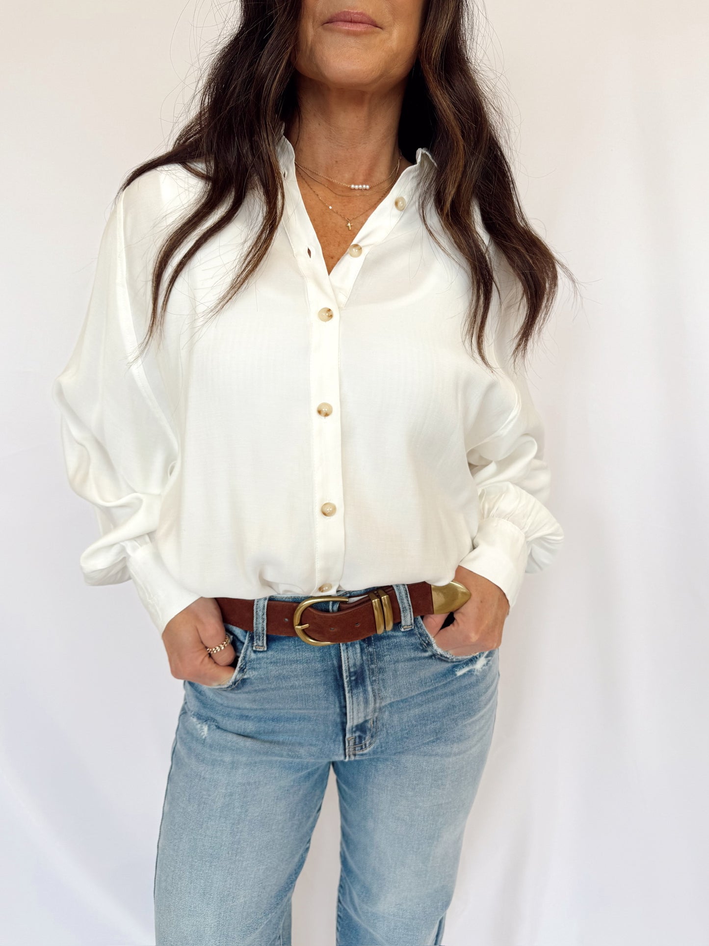 Solid Dolman-Sleeve Button-Up Shirt