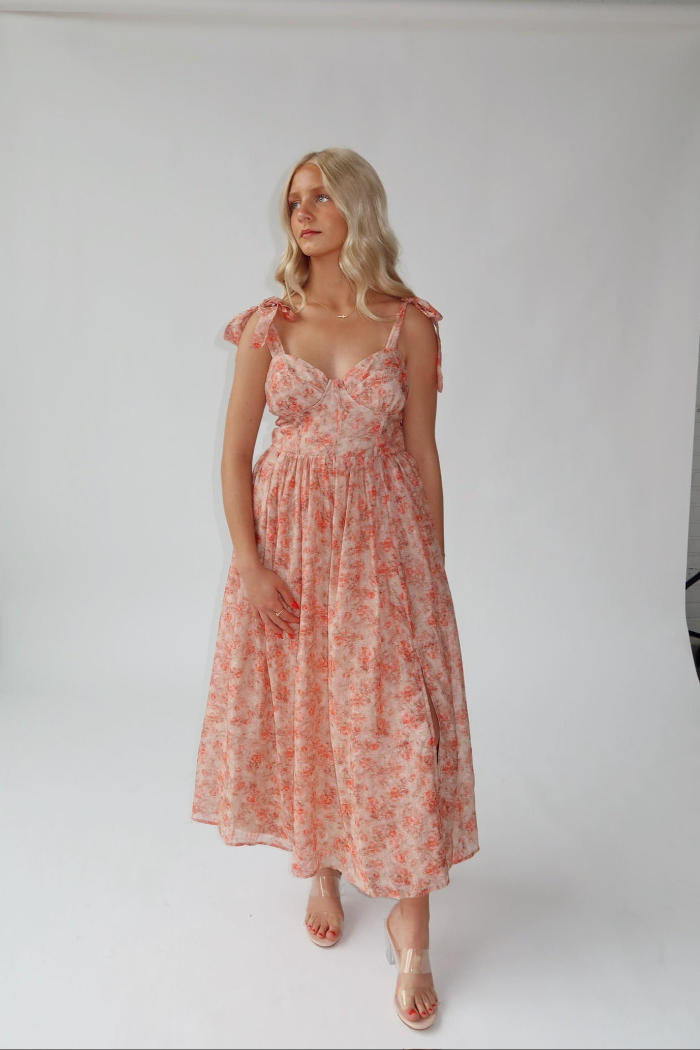 Coral Tie Shoulder Midi Dress