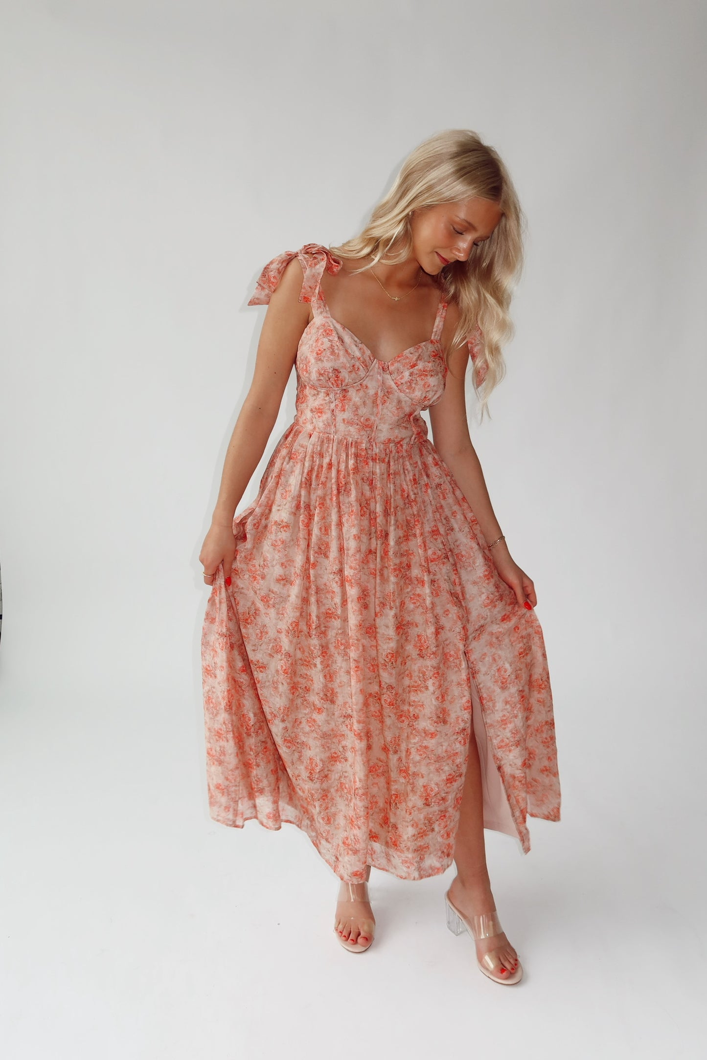 Coral Tie Shoulder Midi Dress