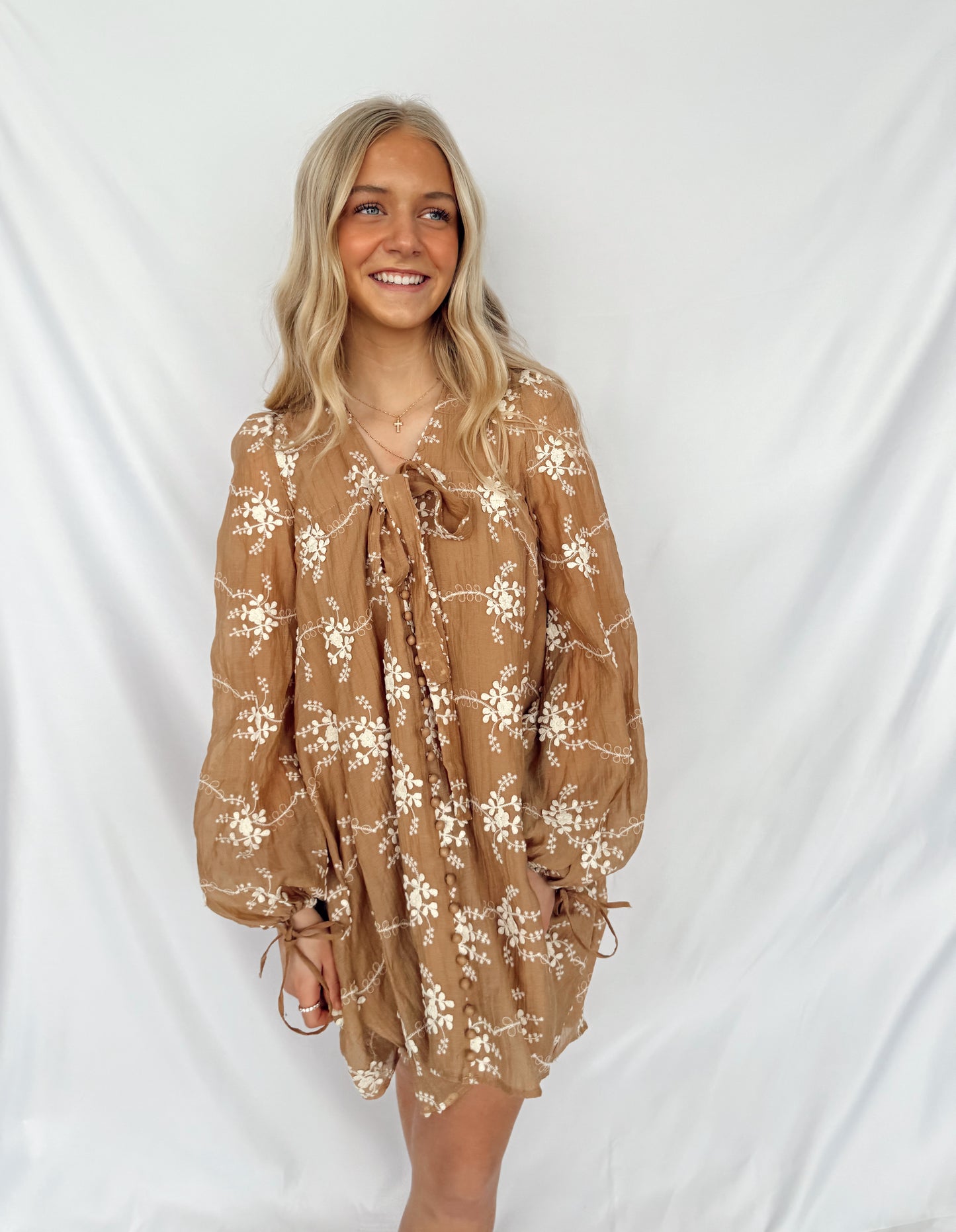 Embroidered Long Sleeve Mini Dress