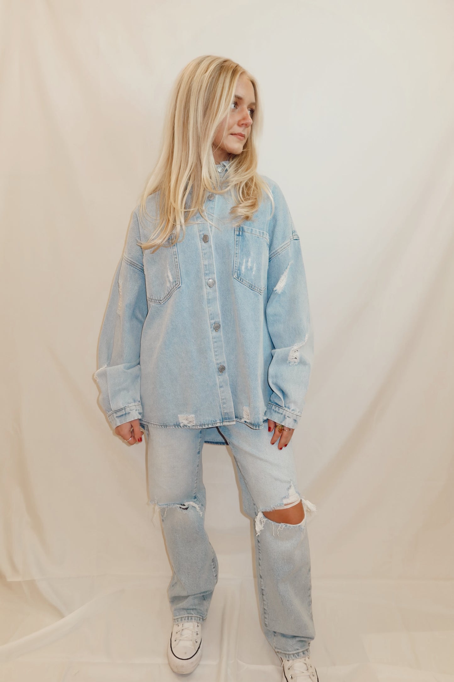 Distressed Denim Button Down Jacket