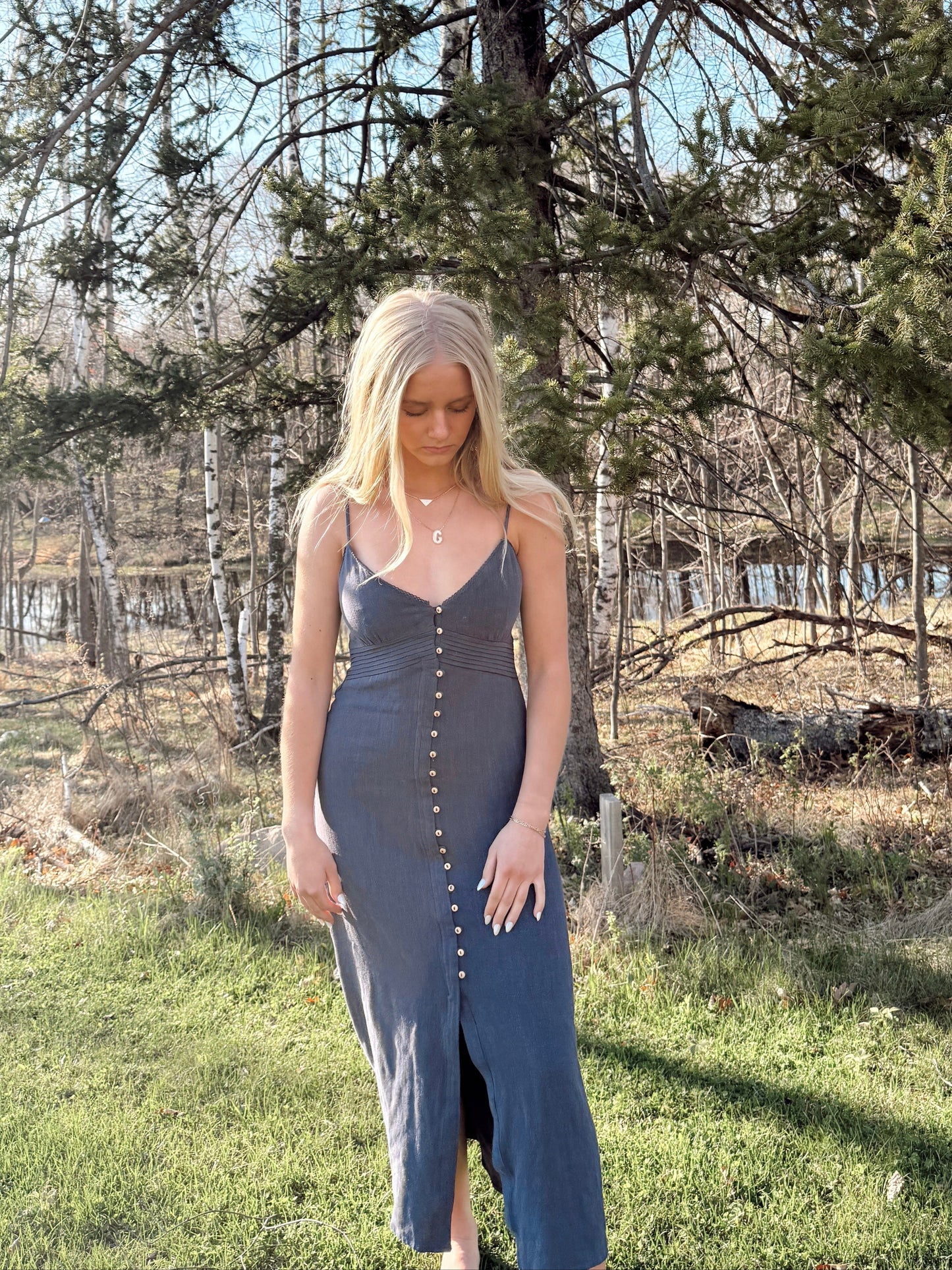 Woven Navy Linen Dress | Midi