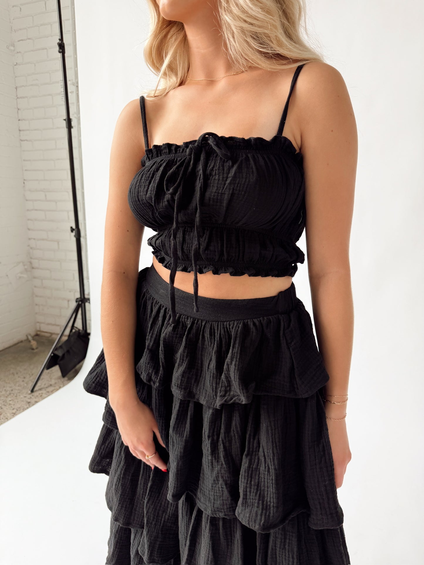 Gauze Ruffled Sleeveless Top & Maxi Skirt Set