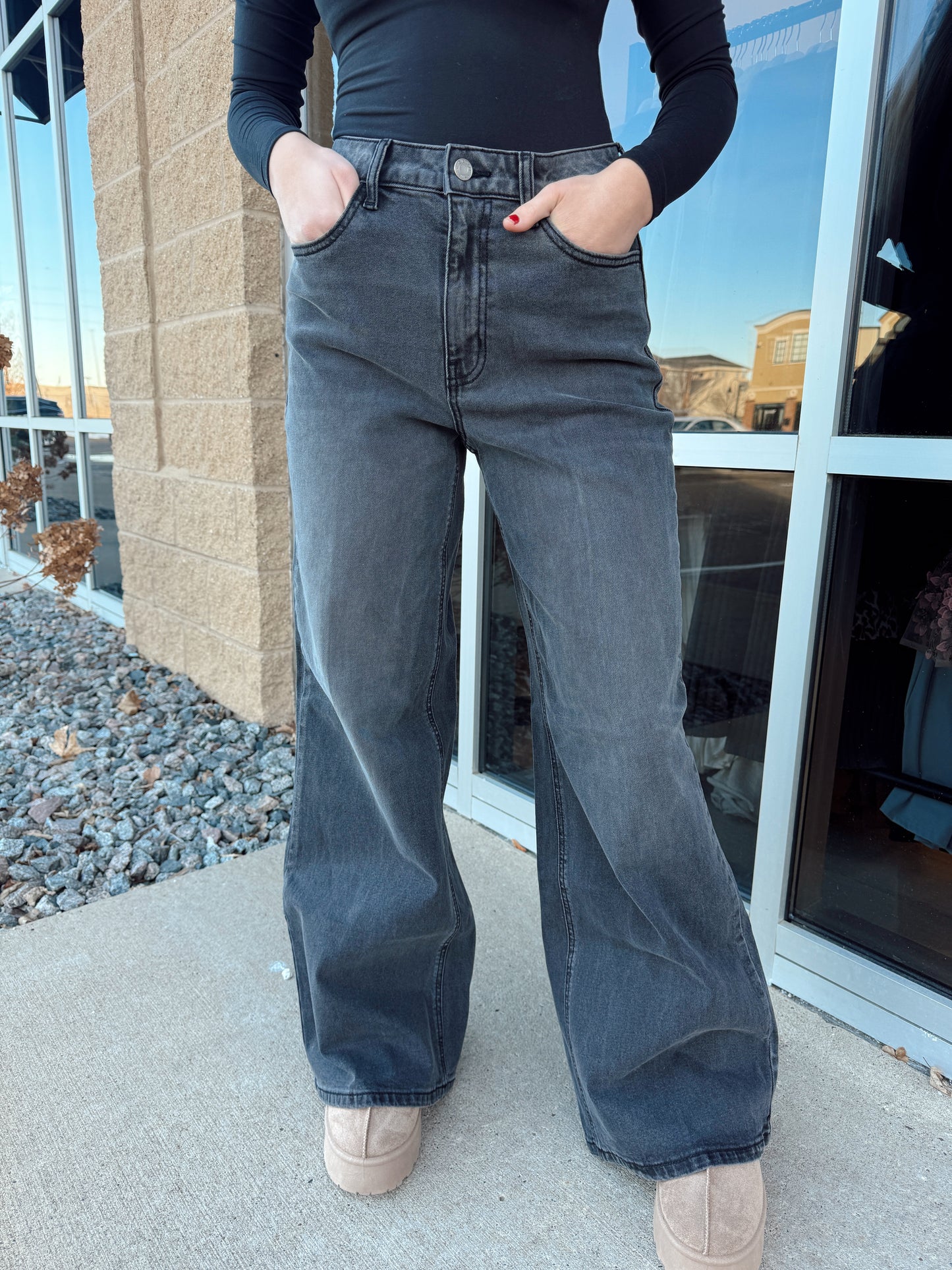 Grey High Rise Wide Leg Denim