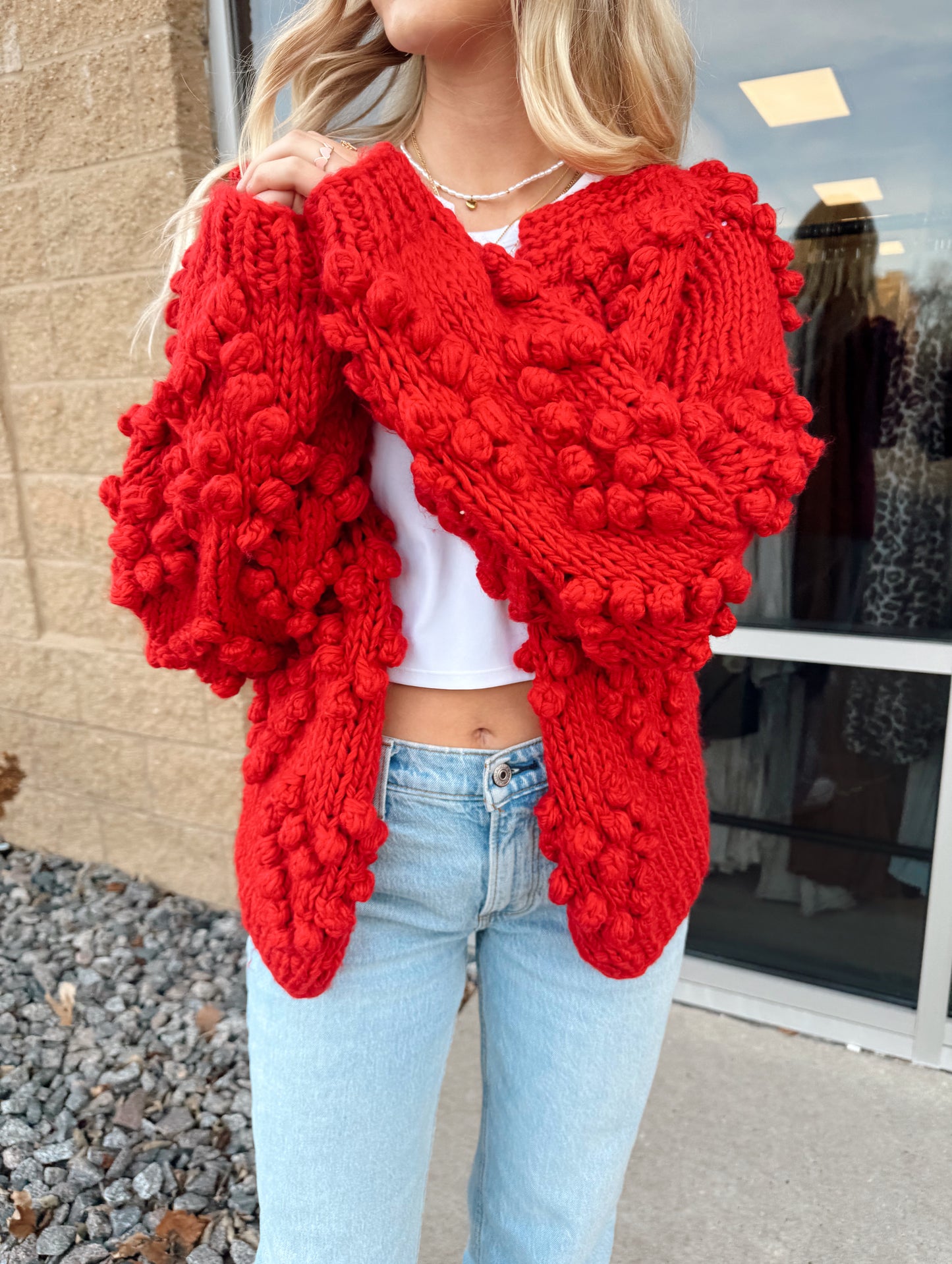 Red Hand Knit Pom Pom Heart Cardigan