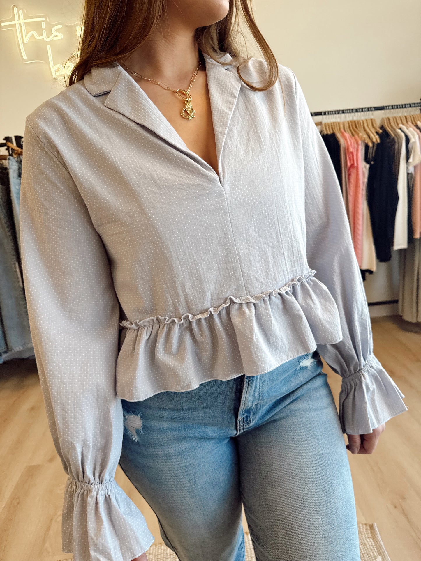 Blue Ruffle Crop Blouse