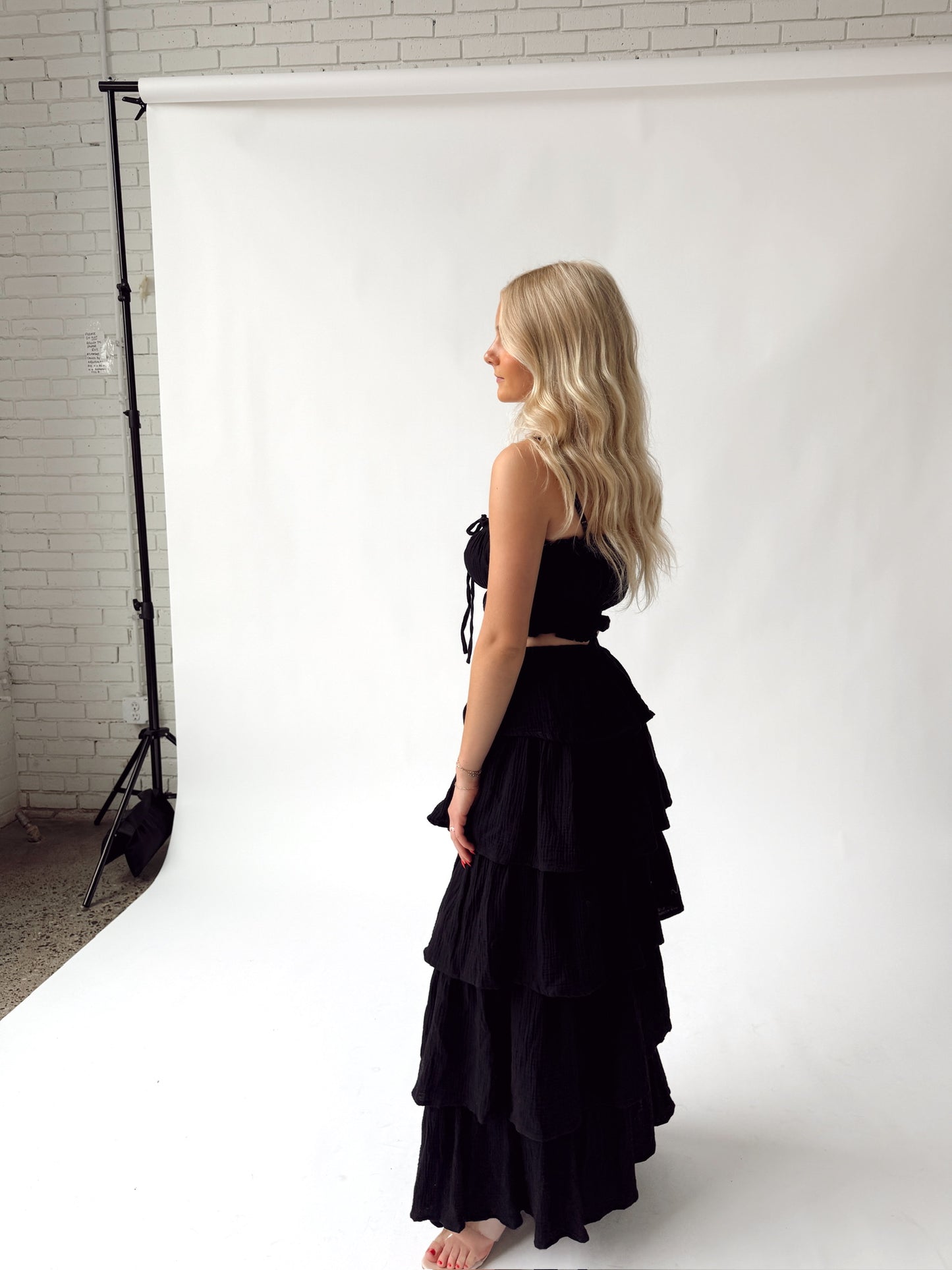 Gauze Ruffled Sleeveless Top & Maxi Skirt Set
