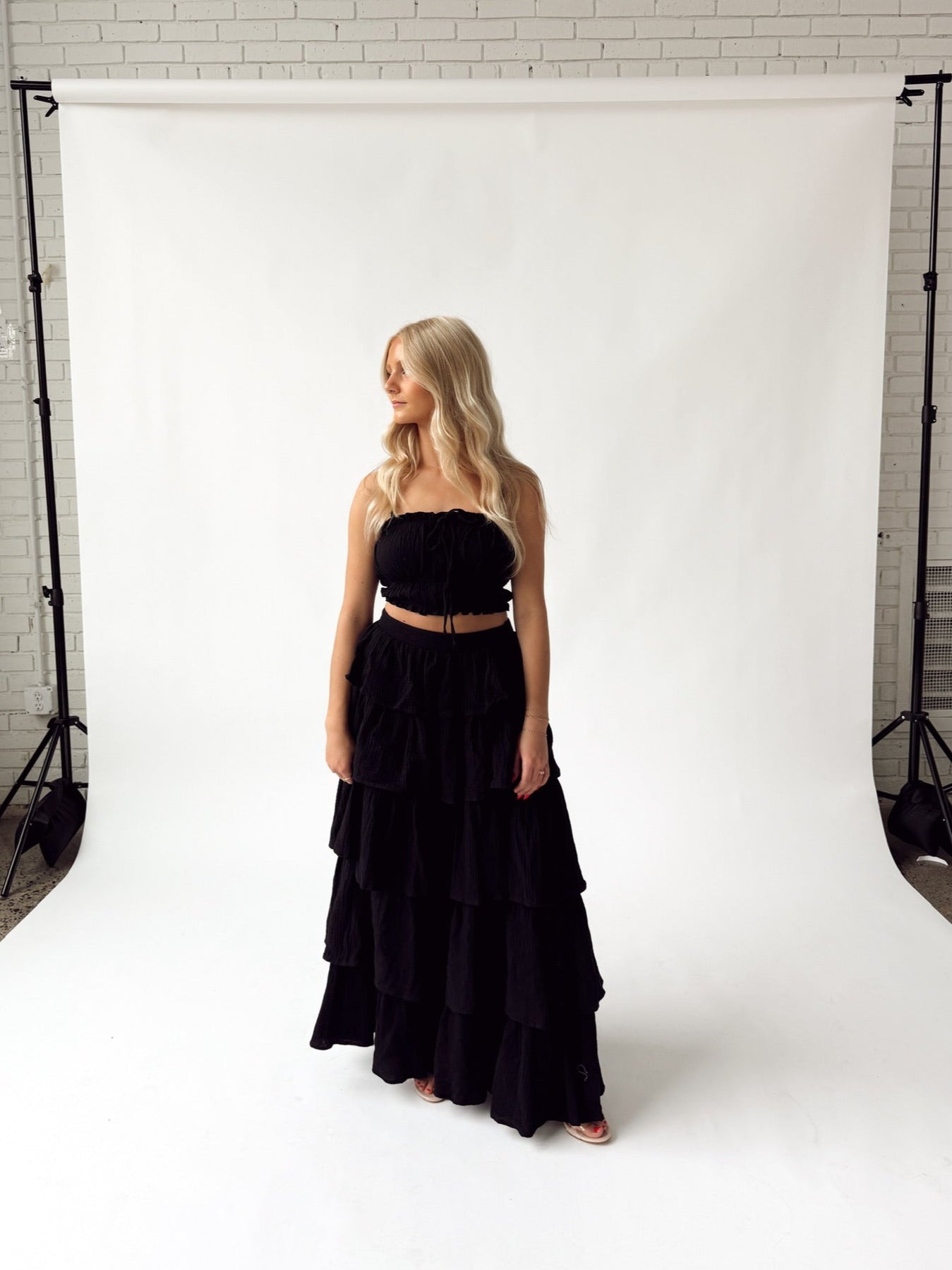 Gauze Ruffled Sleeveless Top & Maxi Skirt Set