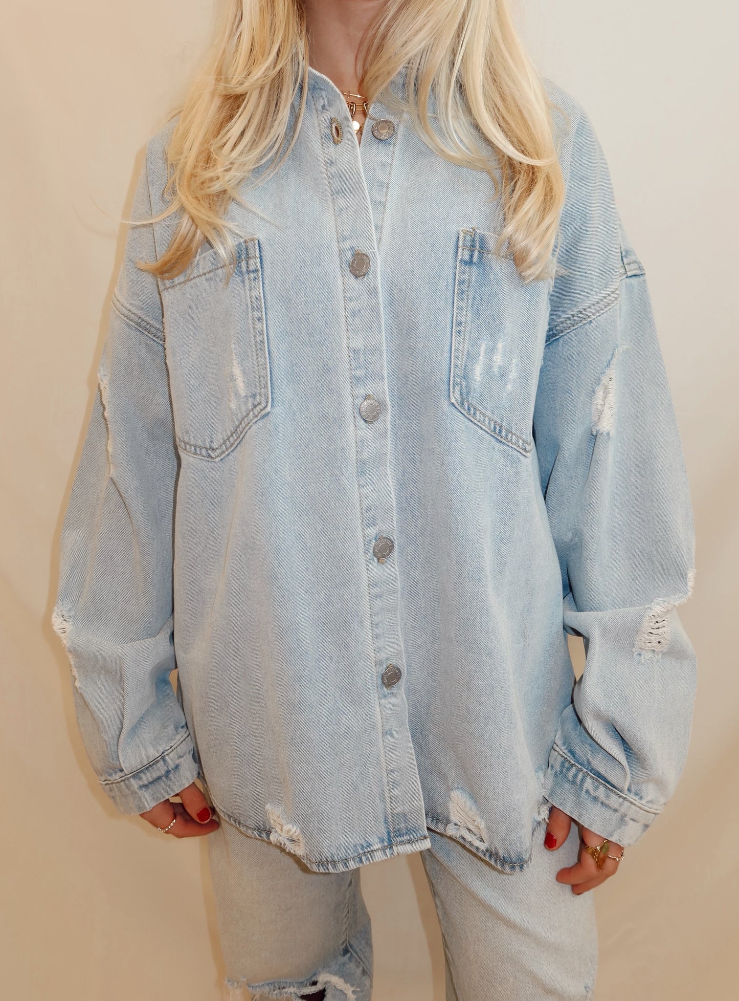 Distressed Denim Button Down Jacket