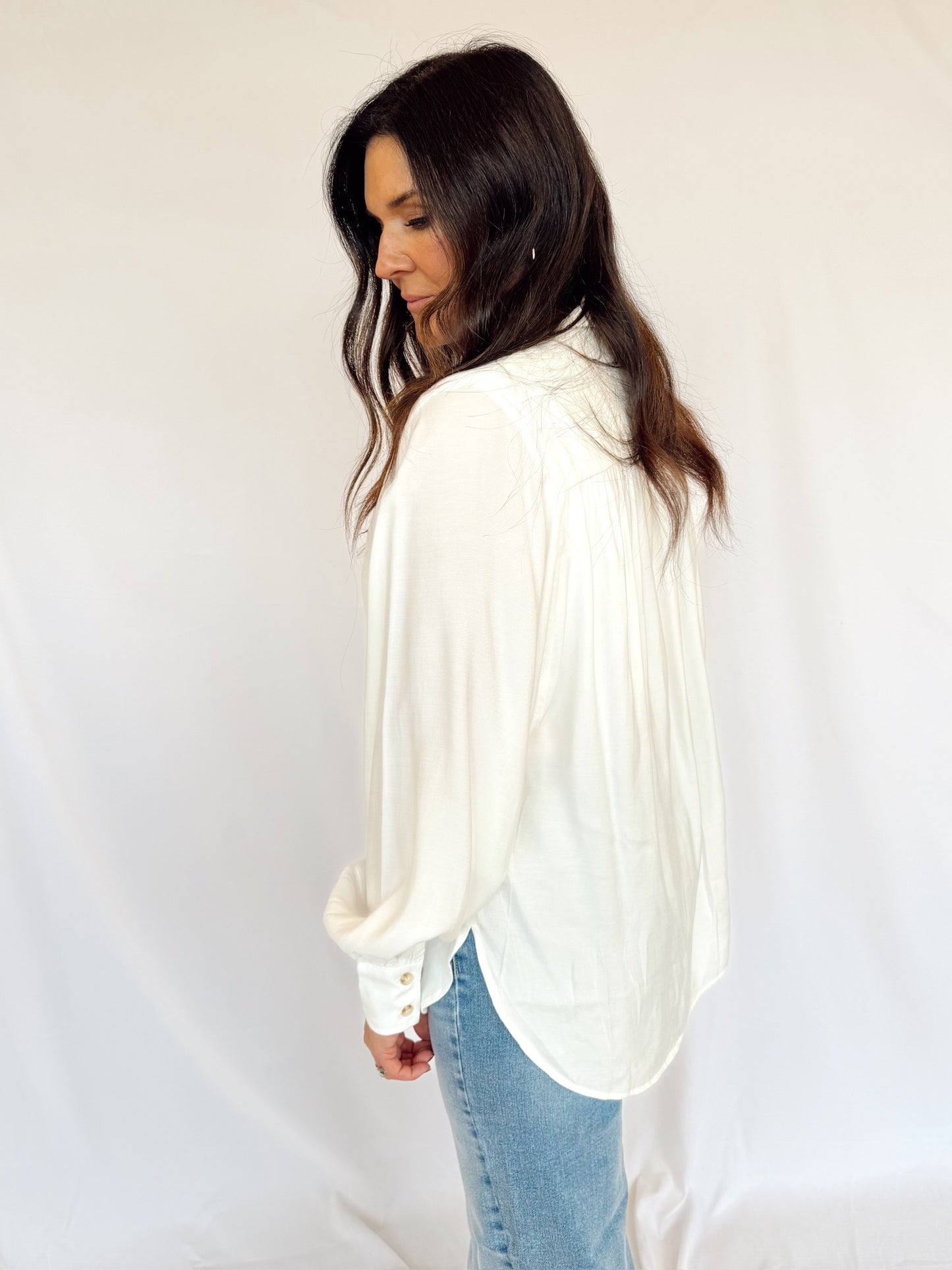 Solid Dolman-Sleeve Button-Up Shirt