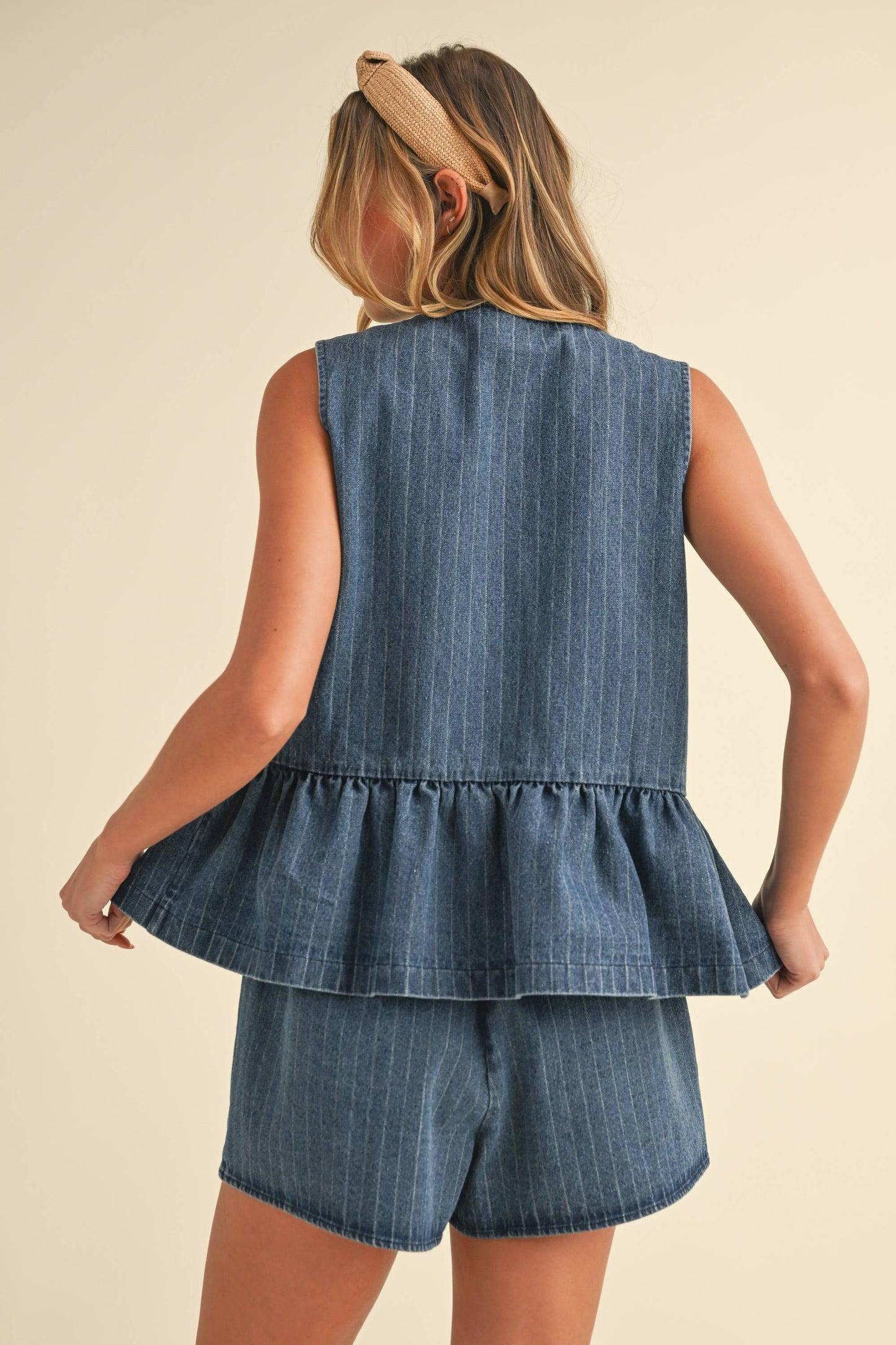 Denim Tie Front Peplum Top & Shorts Set