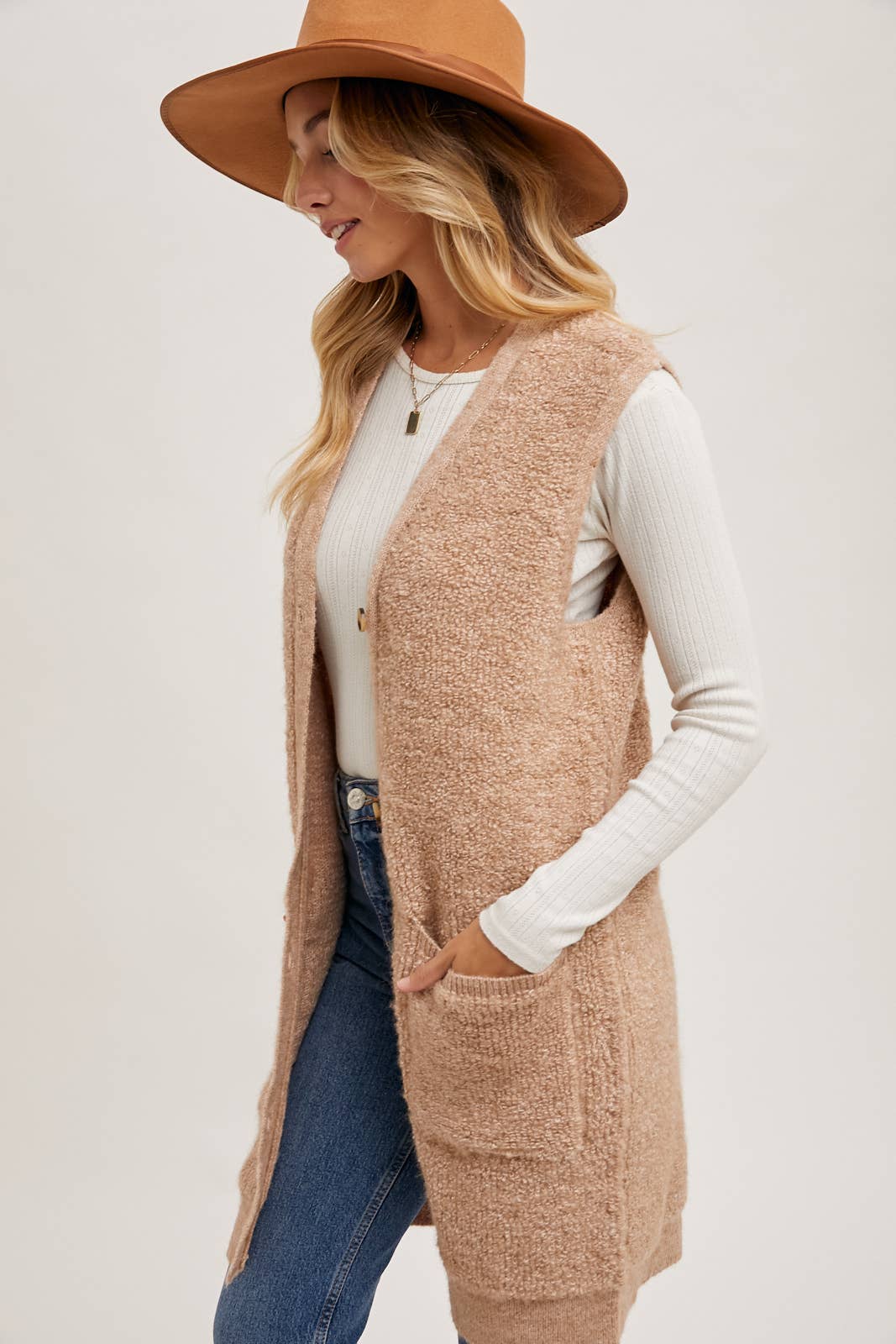 Button Down V-Neck Teddy Long Lined Vest