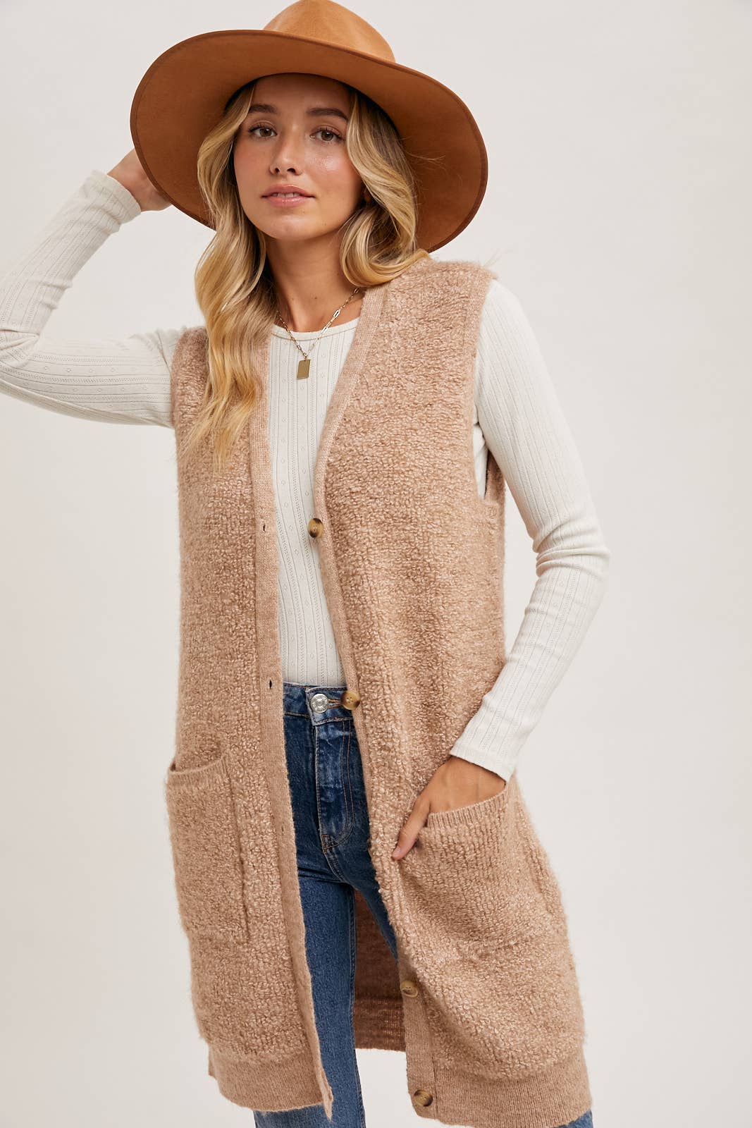 Button Down V-Neck Teddy Long Lined Vest