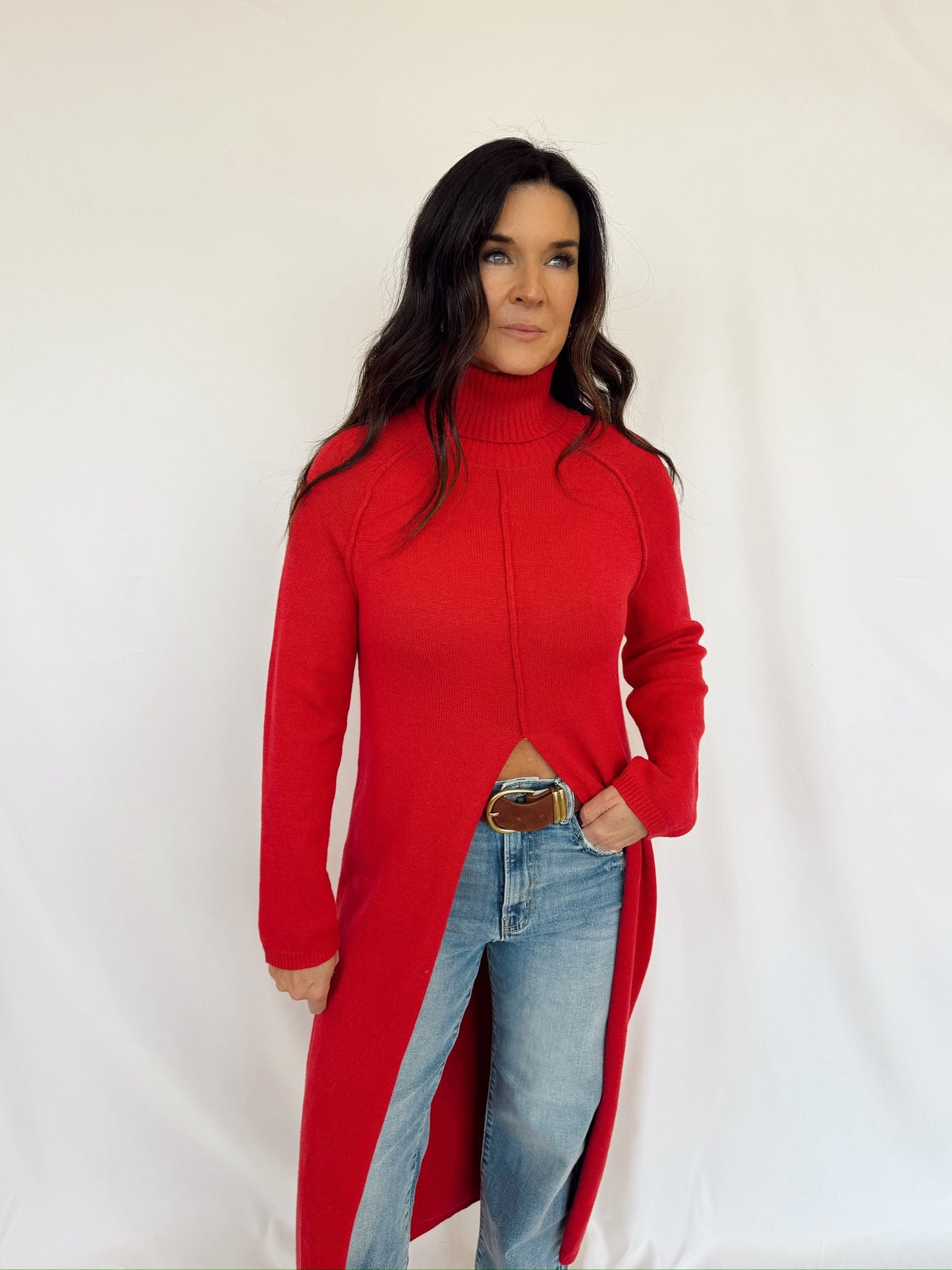 Long Line Red Turtle Neck Sweater
