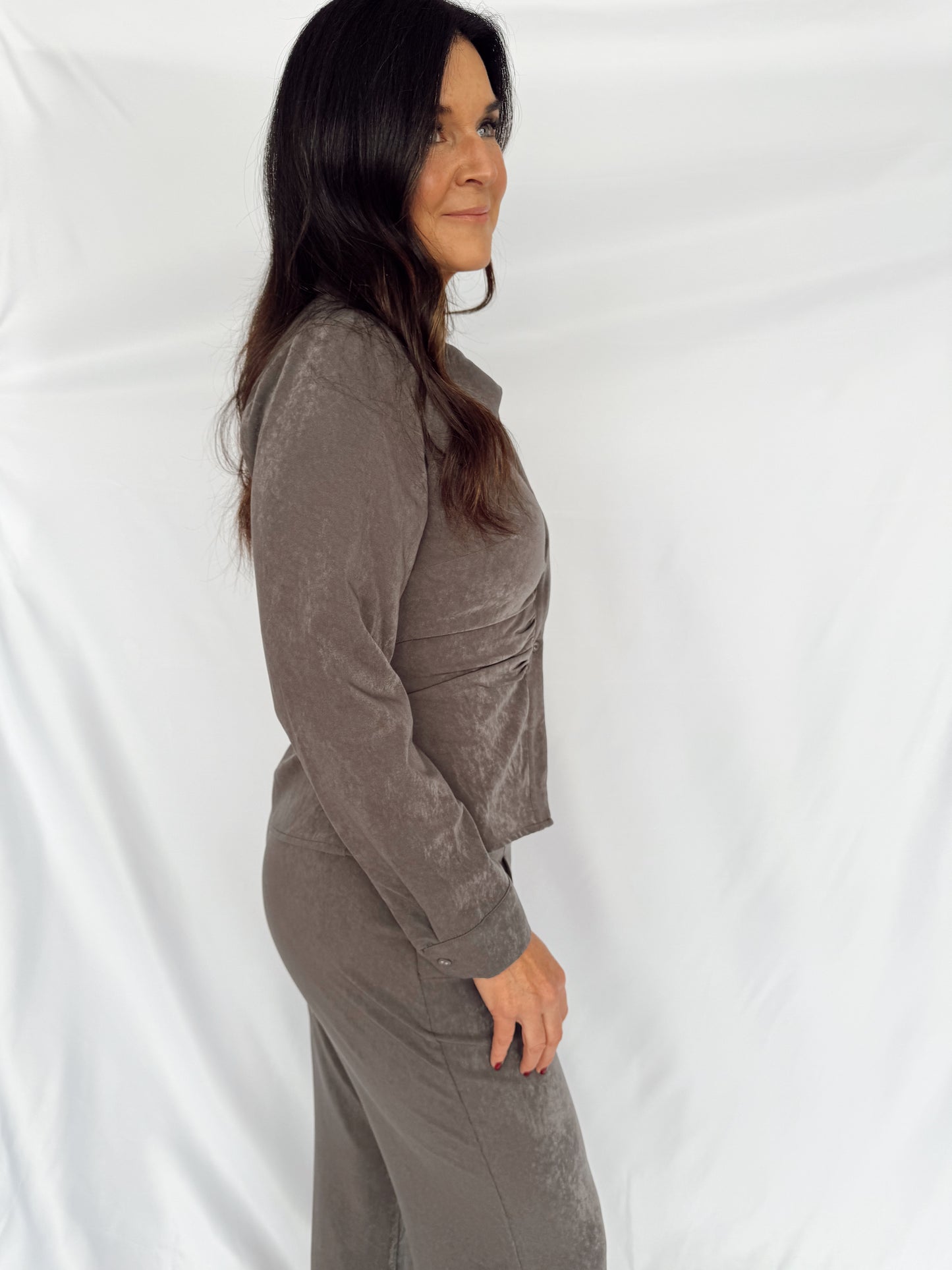Brushed Ruched Button-Up Top