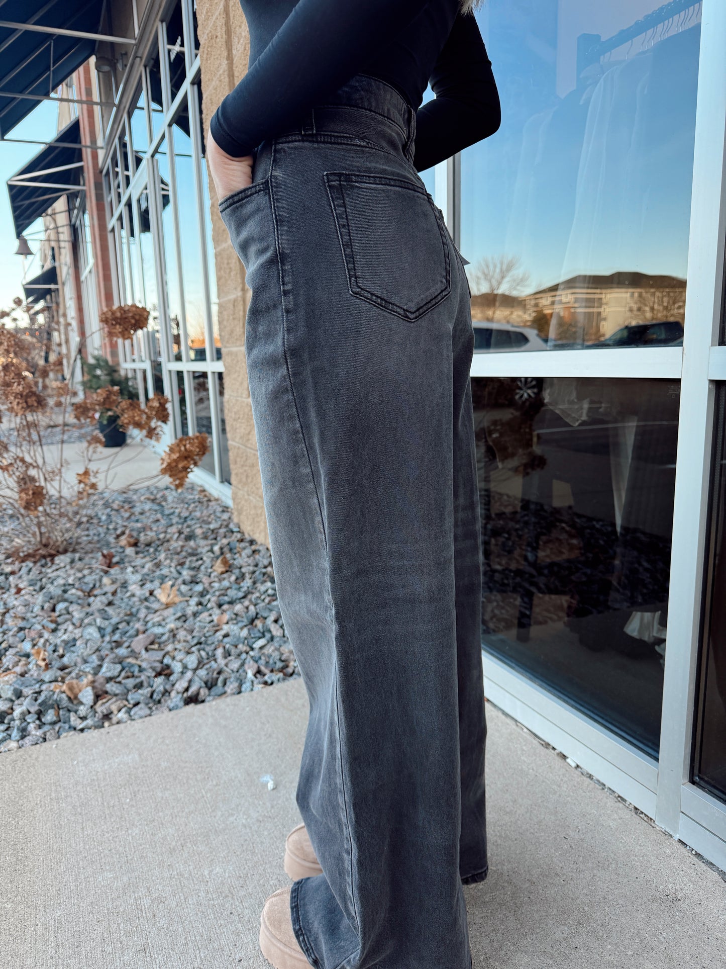 Grey High Rise Wide Leg Denim