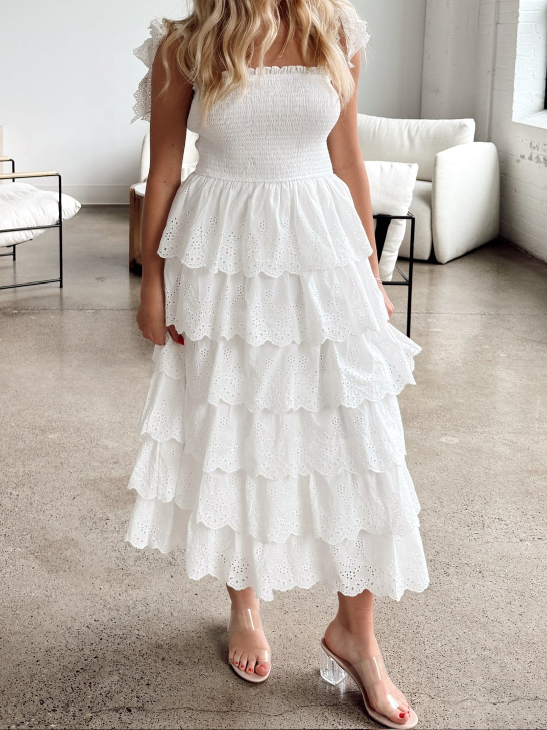 White Tiered Midi Dress