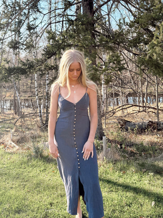 Woven Navy Linen Dress | Midi