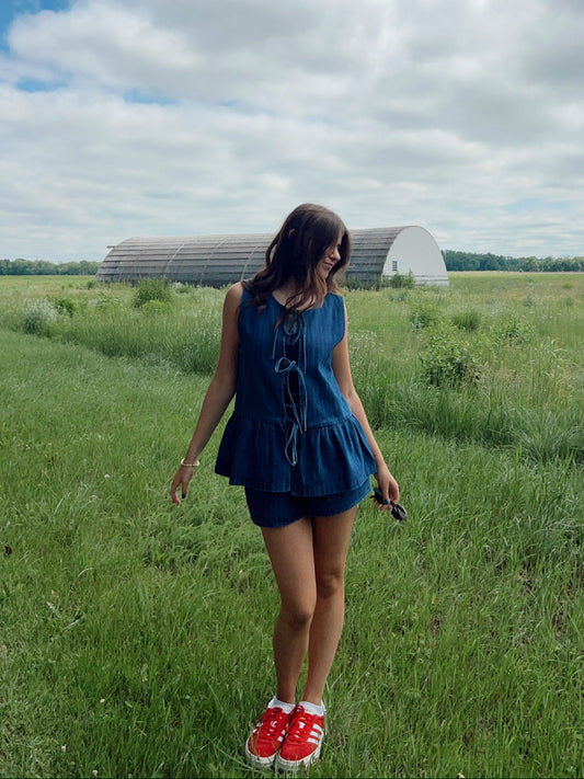 Denim Tie Front Peplum Top & Shorts Set