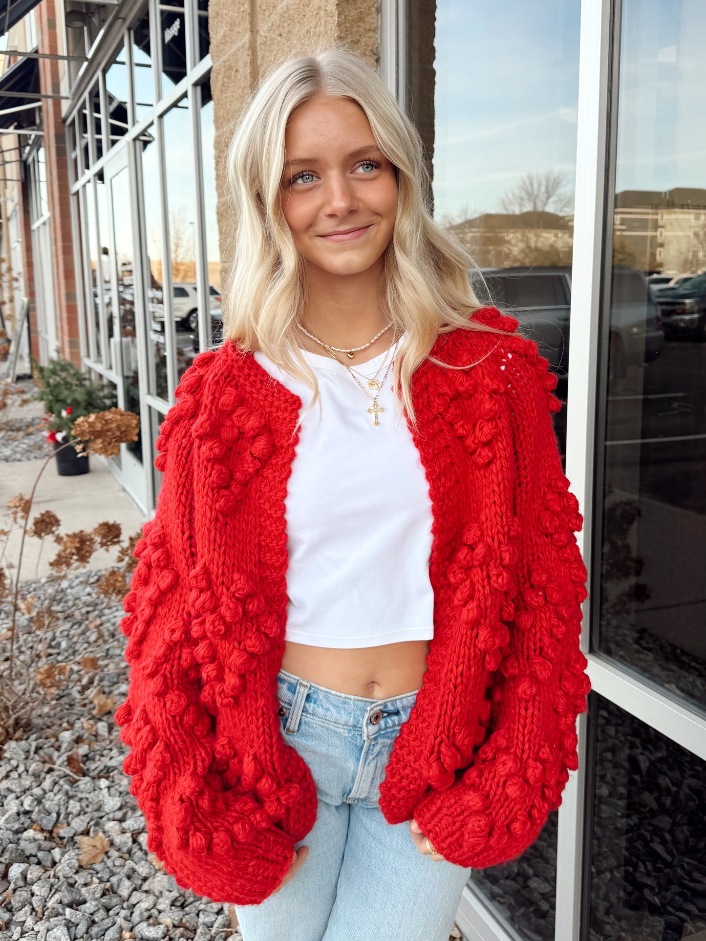 Red Hand Knit Pom Pom Heart Cardigan